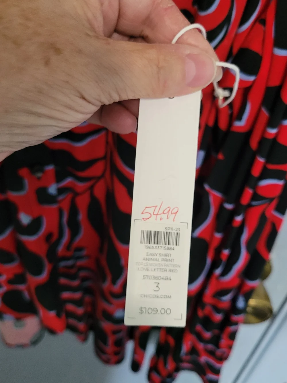 Chico's Easy Shirt Sz 16 Red Black & Light Blue Animal-Print Button Front Blouse